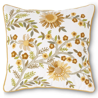 White Square Pillow with Yellow Embroidered Botanicals 16"