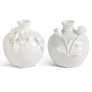 Short White Ceramic Vase with Raised Flowers Assorted