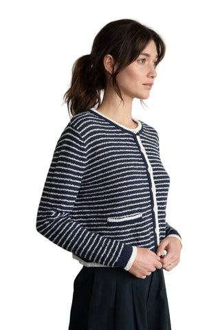 Navy & White Stripe Cardigan with Button Front and Pockets