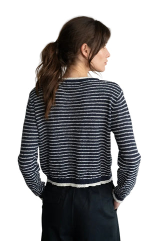 Navy & White Stripe Cardigan with Button Front and Pockets