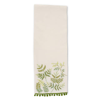 Cream Table Runner with Embroidered Ferns and Green Pom Poms