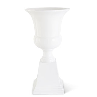 Glossy White Fluted Urn on Pedestal