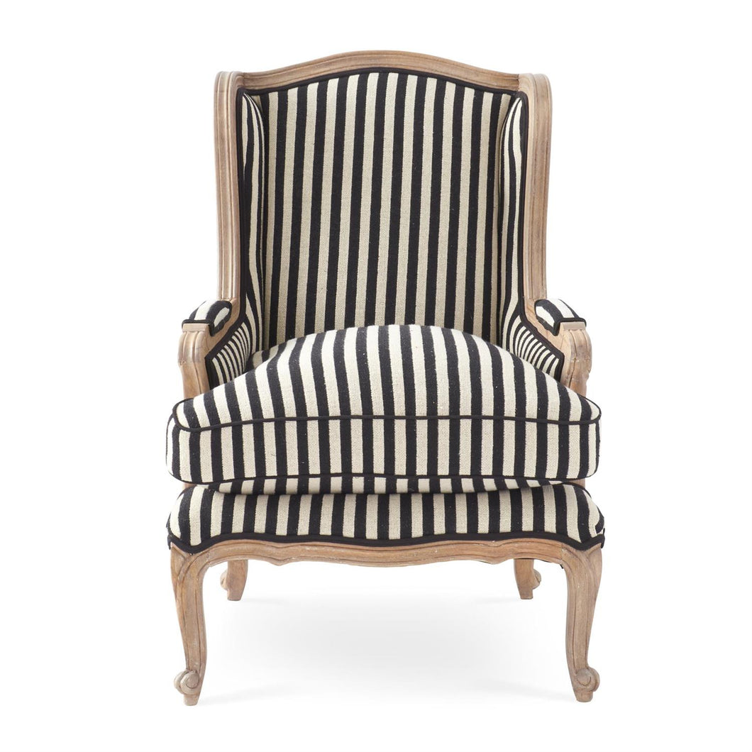 Black and Cream Striped Mango Wood Wing Chair