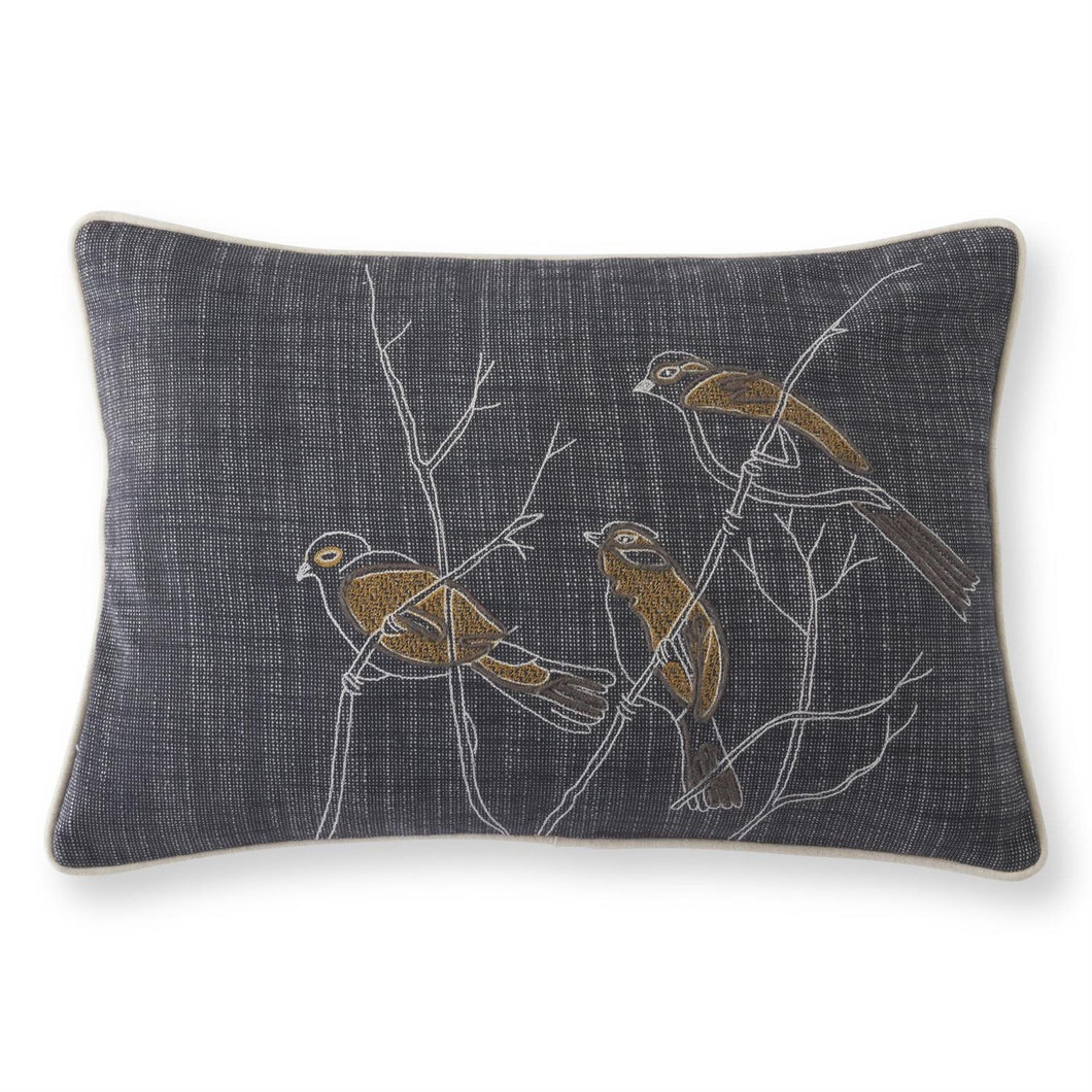 Rectangular Gray Pillow with 3 Embroidered Birds