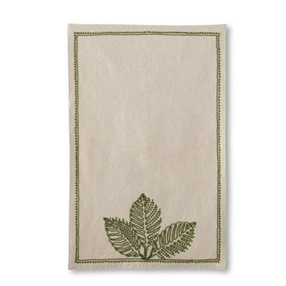 Natural Cotton & Green Embroidered Tropical Leaves Hand Towel