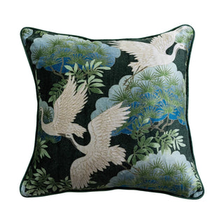 18" Square Cotton Blend Velvet Printed Pillow with Cranes decorative