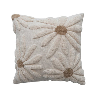 18" Square Cotton Slub Pillow with Tufted Flowers decorative daisy
