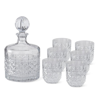 Pressed Glass Decanter & Lowball Drinking Glasses, Set of 7