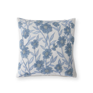 White Linen & Blue Embroidered Floral Pillow Square