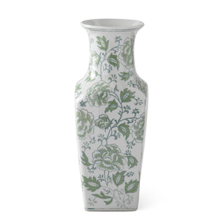 A 14 inch ceramic vase with a green and white floral pattern.