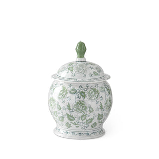 A green and white floral ceramic ginger jar with a lid. Green & White Floral Ceramic Ginger Jar 14.75"