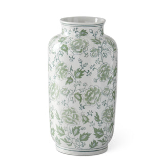 A 15 inch ceramic vase with a green and white floral pattern. Green & White Floral Ceramic Vase 15"