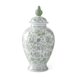 A 21-inch green and white floral ceramic ginger jar with a lid. Green & White Floral Ceramic Ginger Jar 21"