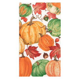 Caspari Pumpkin Field White Guest Towel Napkins gourd maple leaf orange yellow green fall autumn acorn