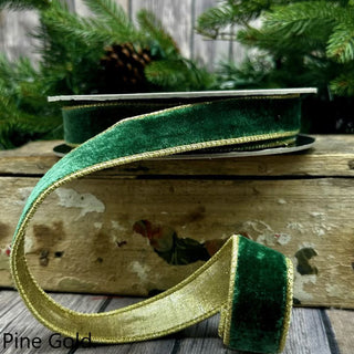1" Lush Velvet Forest Green and Metallic Light Gold Ribbon