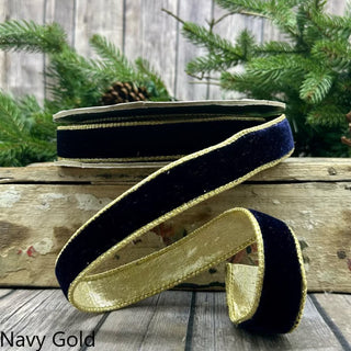 1" Lush Velvet Navy Blue and Metallic Light Gold Ribbon - SOLD BY THE FOOT