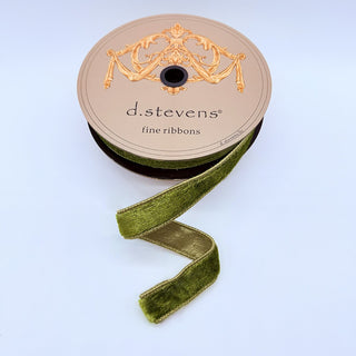 1" Olive Green Ice Velvet Metallic Gold Back Ribbon - Sold by the Foot