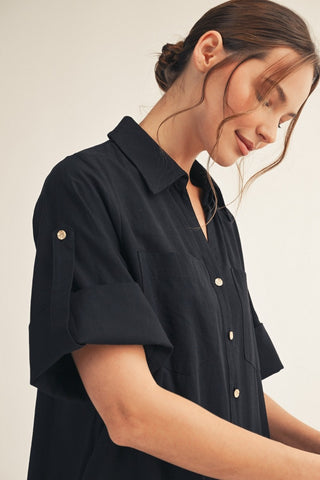 Black Side Slit Detail Button Down Woven Midi Dress