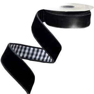 Black Velvet Taffeta Ribbon with Check Back - SOLD BY THE FOOT