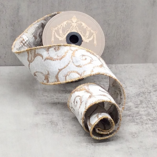 Ivory, Silver, & Gold Jacquard French Scroll Ribbon Sold by the Foot