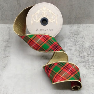 2.5" Dupion Diagonal Asher Plaid with Metallic Gold Back Ribbon - SOLD BY THE FOOT
d.stevens ribbon with a red, green, and black plaid pattern and a metallic gold edge, metallic gold back Christmas