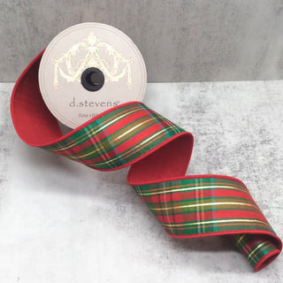 2.5" Dupion Juniper Dark Green, Red and Gold Metallic Ribbon - SOLD BY THE FOOT