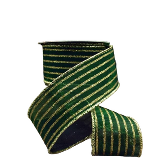 2.5" Emerald Metallic Mesh Gold Glitter Stripe Ribbon