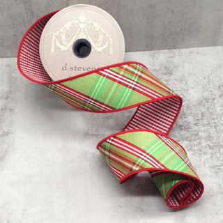 2.5" Faux Dupion Green & Pink Diagonal Plaid with Red & White Stripe Ribbon - SOLD BY THE FOOT