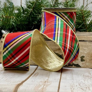 2.5" Faux Dupion Nutcracker Plaid Ribbon (blue, gold, green, red) - SOLD BY THE FOOT
