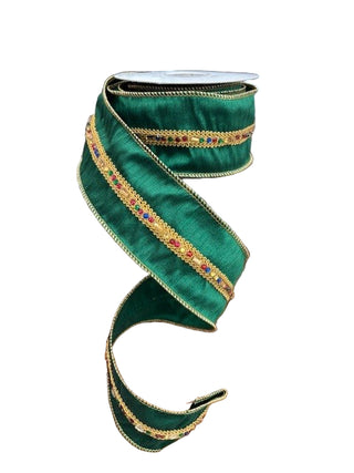 2.5" Green Jewel Center Trim Dupion Ribbon - Sold by the Foot