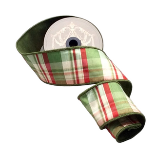 2.5" Ivory, Green, & Red Dupion Wallis Plaid Ribbon - Sold by the Foot