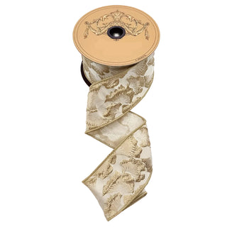 2.5" Jacquard Embossed Floral Ribbon in Ivory & Gold leaf