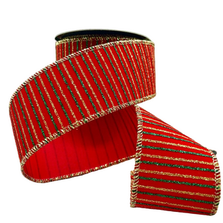 2.5" Red with Green & Gold Stripes Velvet Ribbon Sold by the Foot 