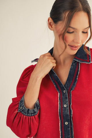 Button Down Washed Rib Knit Top in Red