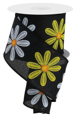 Black Wired Ribbon w/Yellow & White Daisies 2.5" SOLD BY THE FOOT