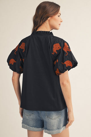 Tiger Embroidery Accent Top in Black