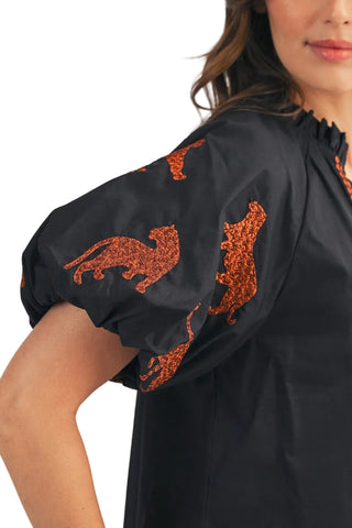 Tiger Embroidery Accent Top in Black