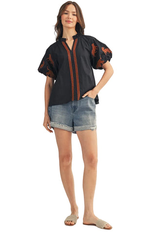 Tiger Embroidery Accent Top in Black