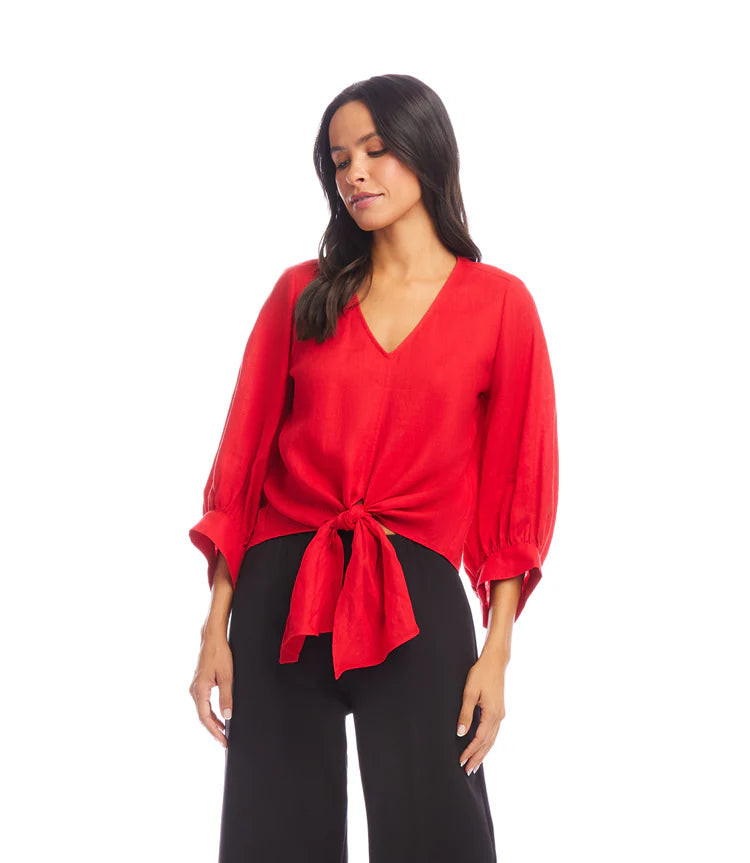 Karen Kane Blouson Sleeve Linen Tie-Front Top, Cherry