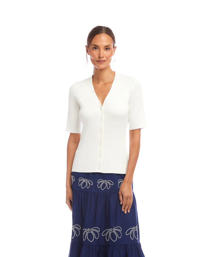 Karen Kane Short Sleeve Ribbed Cardigan Sweater, Off White
