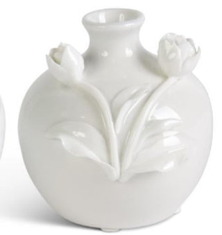 Short White Ceramic Vase with Raised Flowers Assorted