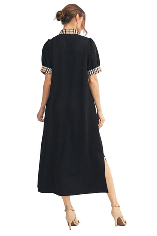 Classic Check Contrast Solid Midi Dress in Black