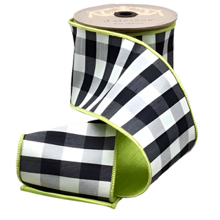 4" Black & White Check Faux Dupion Ribbon with Green Back - SOLD BY THE FOOT