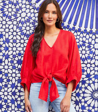 Load image into Gallery viewer, Karen Kane Blouson Sleeve Linen Tie-Front Top, Cherry
