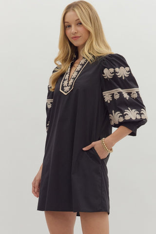 3/4 Puff Sleeve Mini Dress in Black