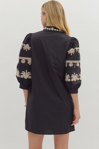 3/4 Puff Sleeve Mini Dress in Black