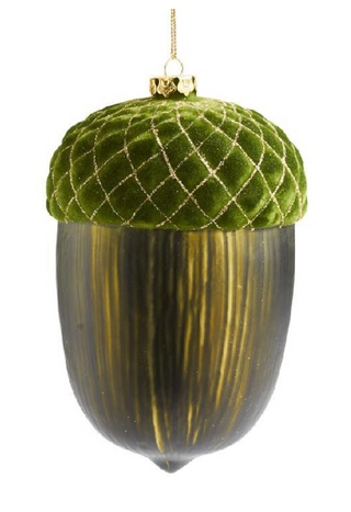 Green Glass Acorn Ornament w/Quilted Velvet Top 6"
