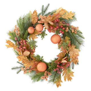 Pine Oak & Maple Leaves Wreath with Oranges, Acorns & Rosehips 22"