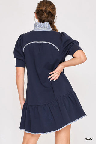 Navy Puff Sleeve Tiered Mini Dress