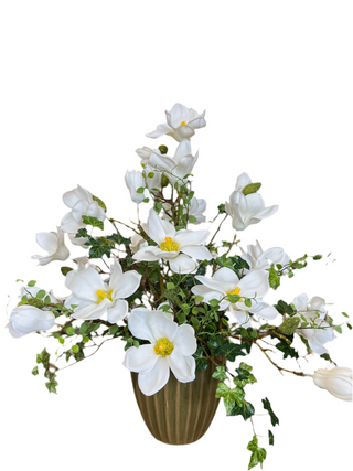 Cream Magnolia Arrangement in Green Cache Pot